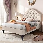 BTM Single Bed 90 * 190, Upholstered Bed with Slatted Frame and Headboard, Upholstered Bed with Height-adjustable Headboard, Velvet, Beige
