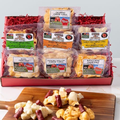 Wisconsin Cheese Company – Cheese Curds and Meat Stick Sampler Box – 100% Wisconsin Famous & Fresh Curds – Charcuterie Board Gift Set for Entertaining & Gifting (Seven 10-ounce packs)