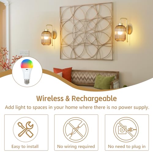 LAMSU Vintage Gold Wireless Wall Sconces Battery Operated, Rechargeable Wall Lights Set of 2 with Amber Stripe Glass Shade, Remote and Bulb, Cordless Sconces Wall Decor for Bedroom Living Room by LAMSU - Image 2