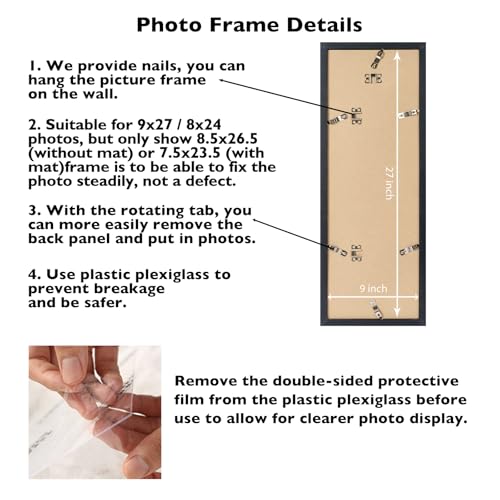 Image of JCJMY 9x27 Picture Frame with 8x24 Mat, Display Photo 8x24 with Mat or 9 x 27 Without Mat, Wall Hanging Large 9 by 27 Poster Frame with Plexiglass, Black