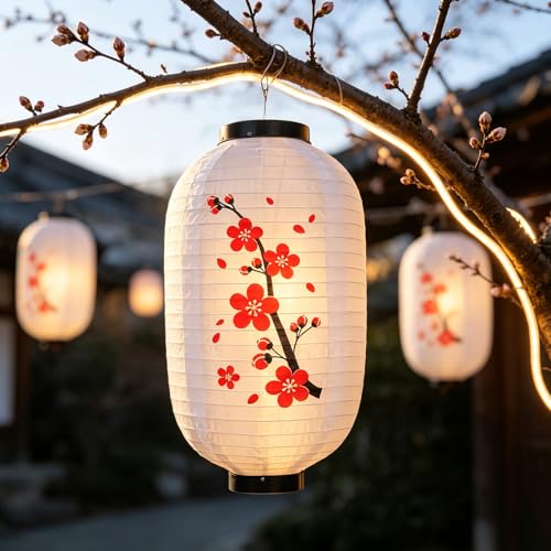 Image of Traditional Japanese Style White Silk Cherry Blossom Lantern 10 x 18 Inch, ZUEXT Set of 6 Waterproof Indoor Outdoor Festival Theme Birthday Party Wedding Home Yard Lanterns Japanese Eateries Decor