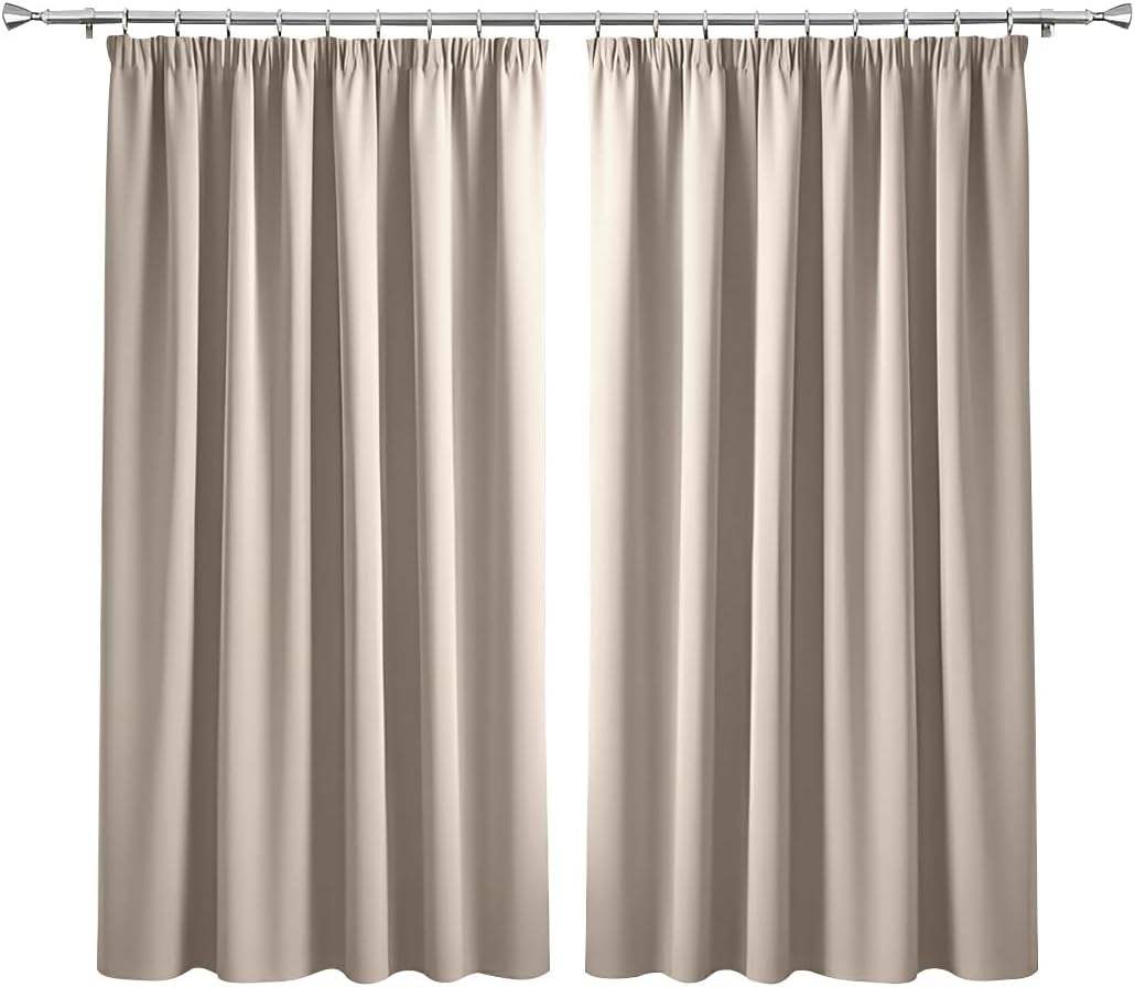 Imperial Rooms cream pencil pleat blackout curtains, two panels 46 by 54 inch drop