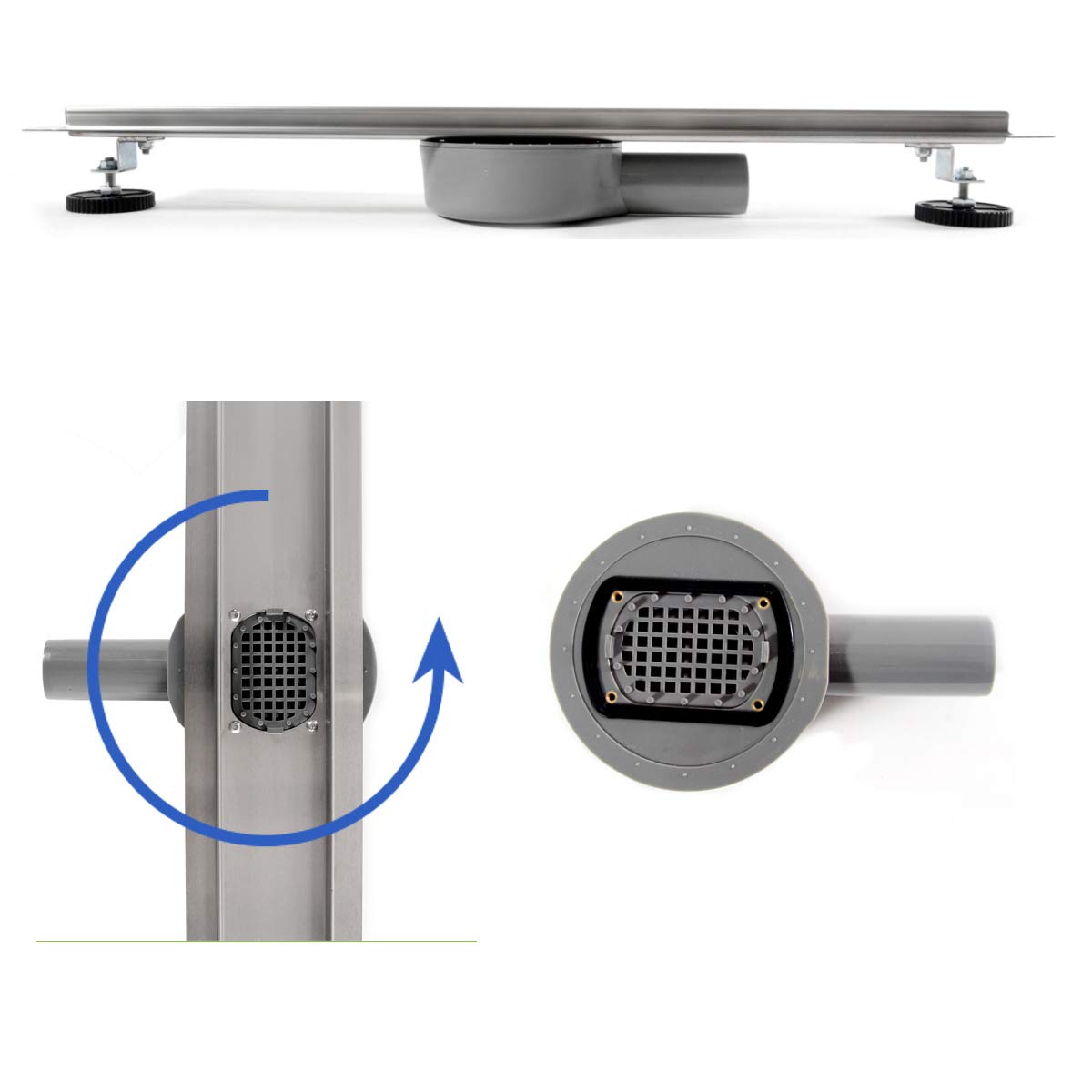 VBChome Canaleta de desagüe de ducha alicatable, de 90 cm, de doble cara, para suelo, de acero inoxidable, muy plana, sifón con autolimpieza, tamaños 60-100 cm, juego completo para cuarto de baño