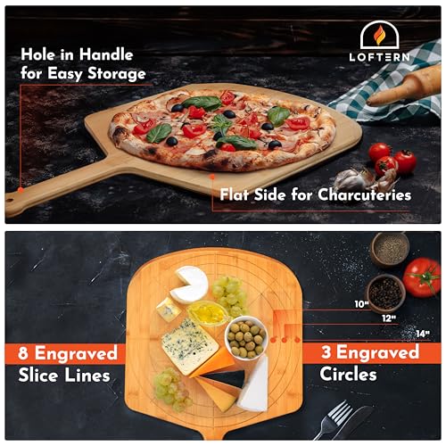 Image of Wooden Pizza Peel 14 Inch Board with Engraved Sizes - Multi-Purpose Bamboo Pizza Cutting Board, Wood Pizza Peel, Pizza Spatula Paddle, and Serving Board with Size and Cutting Guide