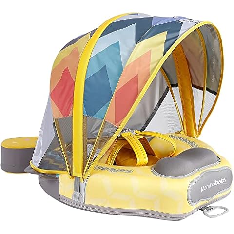 HECCEI Mambobaby Float, Non Inflatable Baby Pool Float with Canopy - Upgrade Add Tail Anti-rollover Baby Swim Float Swimming Ring Seat with Safety Belts for Kids Toddler 3 to 24 Months, Yellow Cover