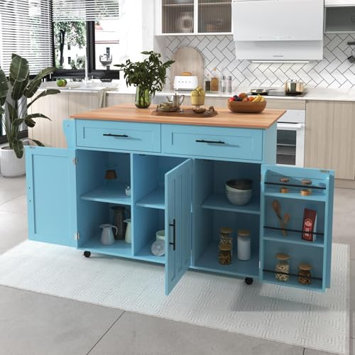 PUGSDRLY Desserte de Cuisine à roulettes,Buffet Meuble Cuisine avec Plateau de Table Pliable,2 Tiroirs et 3 Portes,Roulette ou Pieds en Bois Massif,Design de...