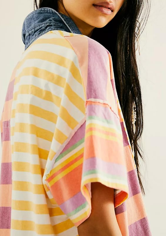 Image of NUFIWI Y2K Striped Shirt Mini Dress for Women Oversized Stripe Tunic Tshirt Dresses Short Sleeve Buttons Loose Fit Tee Dress