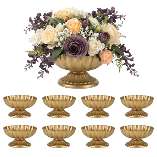 Set of 8 Antique Gold Compote Vases 7.1 W x 3.94 H Metal Pedestal Vase for Centerpiece Small Brass Compote Bowls for Floral Arrangements Table Decor for Wedding Events Parties Decoration