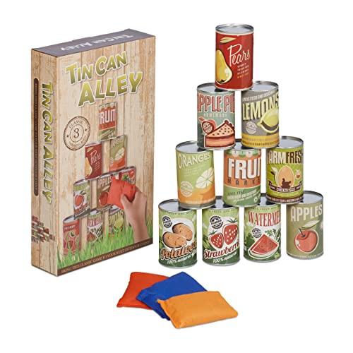 Relaxdays Dosenwerfen für Kinder, Büchsenwerfen Garten, 10 Blechdosen & 3 Säcke, Wurfspiel für Kindergeburtstage, bunt