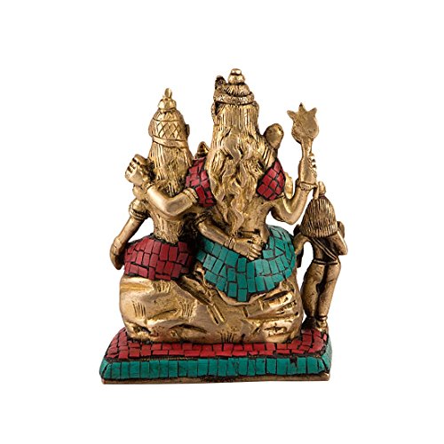 Image of Collectible India Shiva Family Brass Sculpture - Shiv Shankar, Ganesh, Parvati, Kartikey Statue (Multicolour, 5.5x4 Inches)