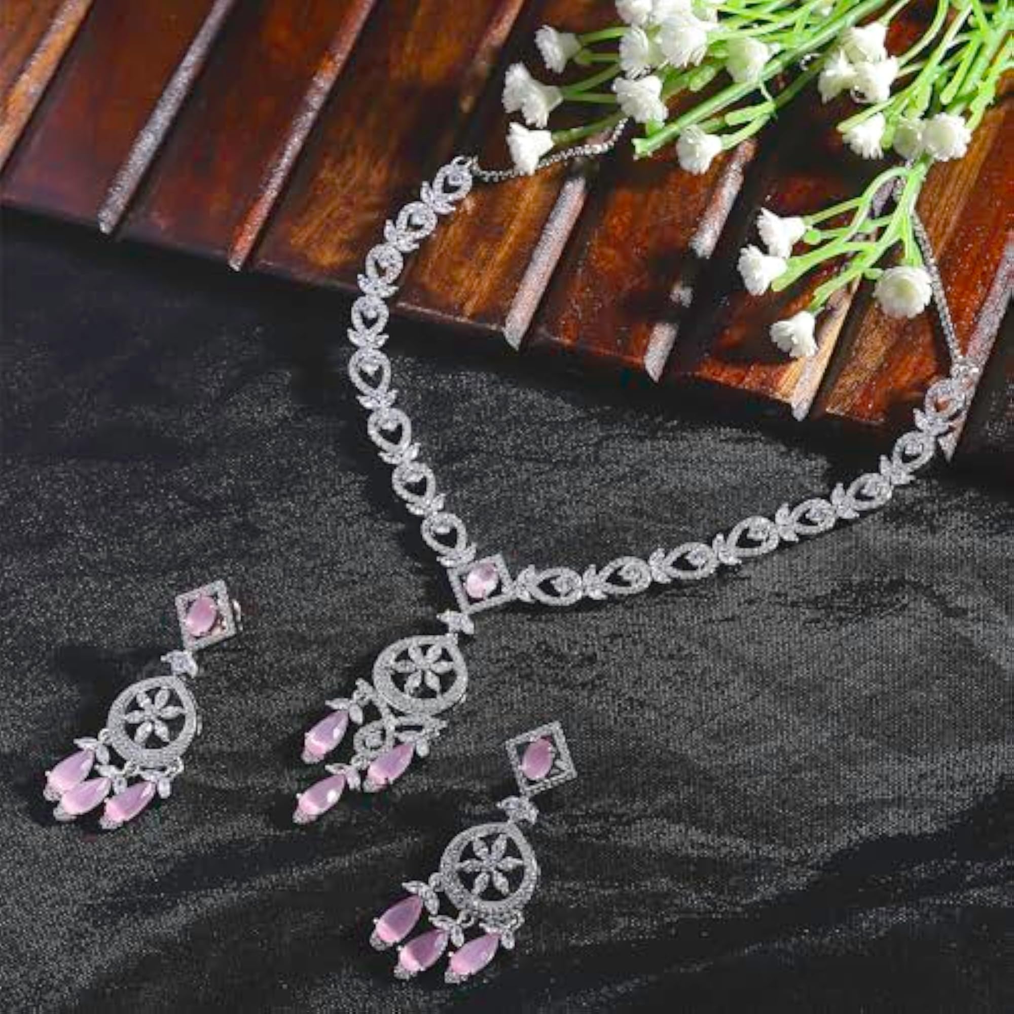 Rhodium-Plated Teardrops American Diamonds Necklace Set