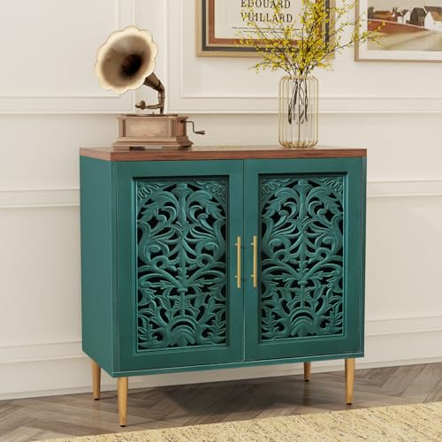 HOLTICO Wooden Sideboard Storage Cabinet with 2 Doors, Vintage Hollow Carving Buffet Accent Cabinet, Modern Green Sideboards for Living Room, Kitchen, Dining Room, Hallway