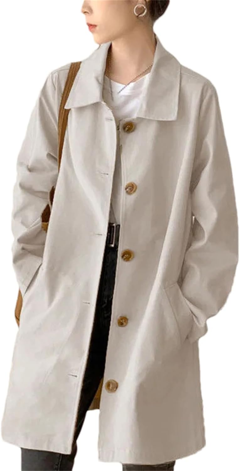 Women's Button Spliced Trench Coat – Casual Loose Fit All-Match Solid Color Work Office Medium-Length Jacket