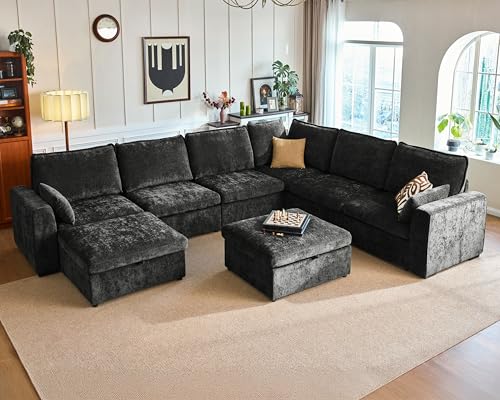 Image of 155.9'' Oversized Modular Sectional Sofa Plush Cloud Couch with Storage, Convertible Deep U-Shaped Couch with Chaises for Living Room, 6-Seater with Corner and 2 Ottomans, Chenille, Black