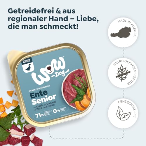 WOW Dog Senior Nassfutter mit Ente | Mit hohem Fleischanteil, ohne Getreide und Zucker | 150 g / 22er Pack