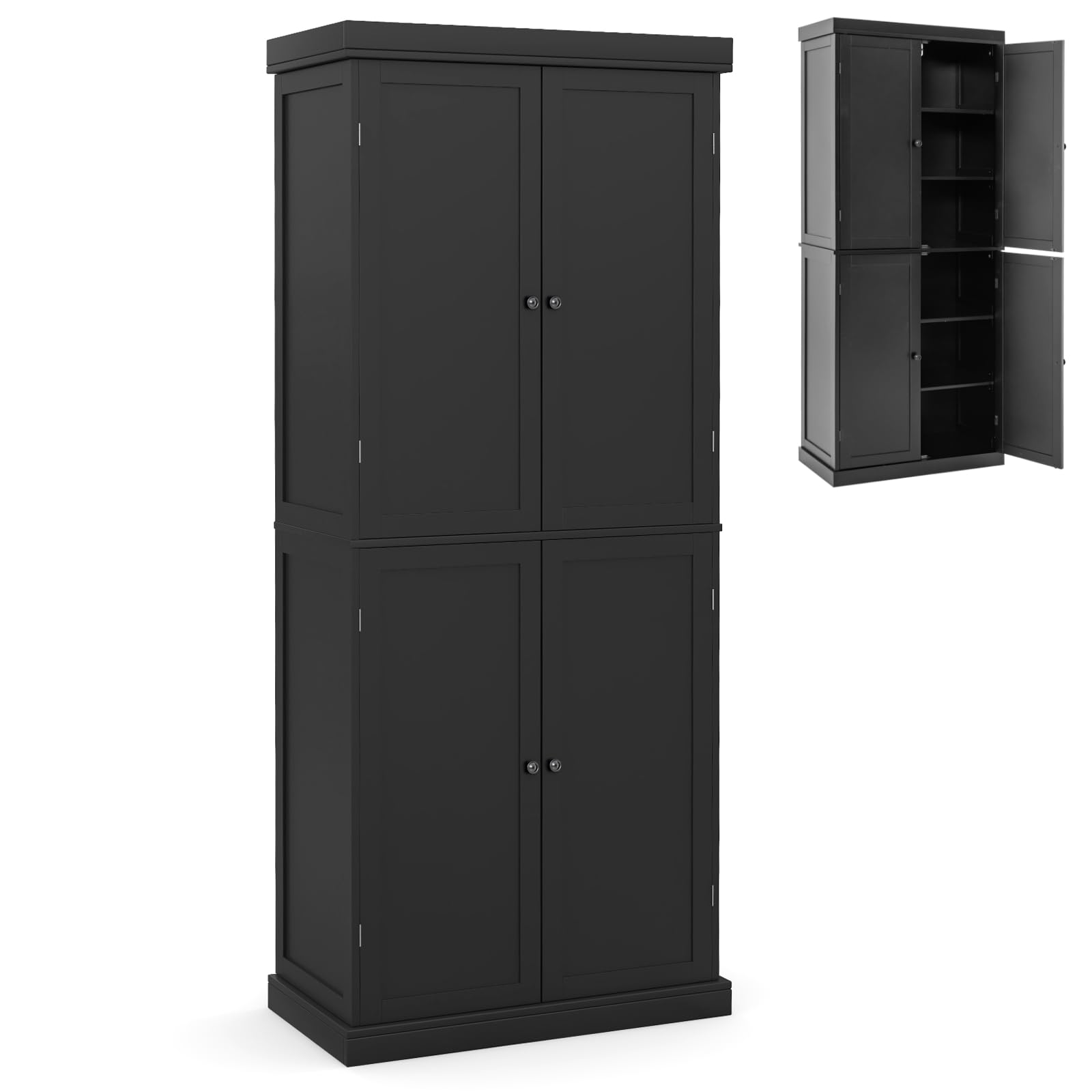 COSTWAY 184cm Tall Kitchen Cupboard, 6 Tiers Buffet Pantry Storage Cabinet with 4 Doors, Adjustable Shelves & Anti-tipping Device, Freestanding Sideboard Organizer for Dining Room (4 Doors, Black)