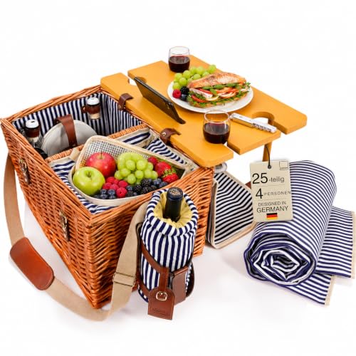 SÄNGER | Picknickkorb Borkum 25-teiliges Set für 4 Personen Großer Picknickkorb mit integriertem Tisch Kühltasche Picknickdecke & Geschirr Komplett-Set