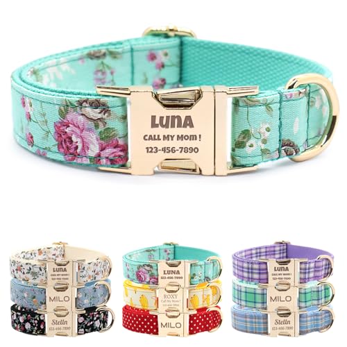 CHRYMPETIC Custom Dog Collar with Name and Phone Numbers - Personalized Laser-Engraved Plaid Polyester Collar with Metal Buckle and D-Ring (Style-S S (9-13 Inches))