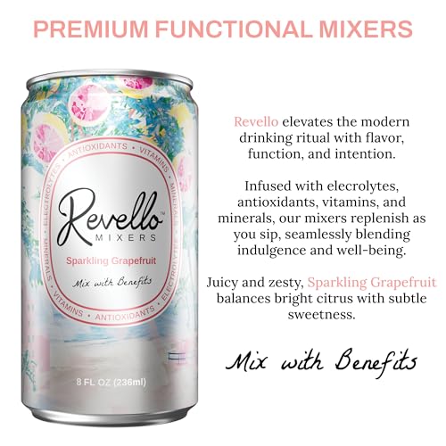 Image of Revello Mixers Sparkling Grapefruit - Mixer Infused with Electrolytes, Antioxidants, Vitamins & Minerals - Low Sugar & Calories - Premium Beverage for Crafted Cocktails & Mocktails - 8 fl oz (Pack of 4)