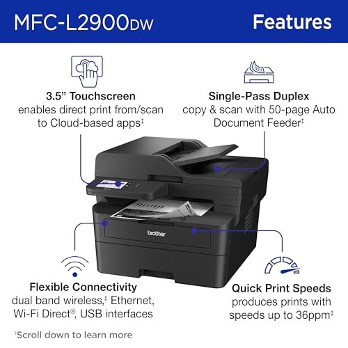 Brother Professional Laser Printer with Scanner, High-Speed 36 ppm Monochrome All-in-One, Wireless Duplex Printing and Scanning, Cloud-Ready 3.5 in Touchscreen for Small Business (MFC-L2900DW)
