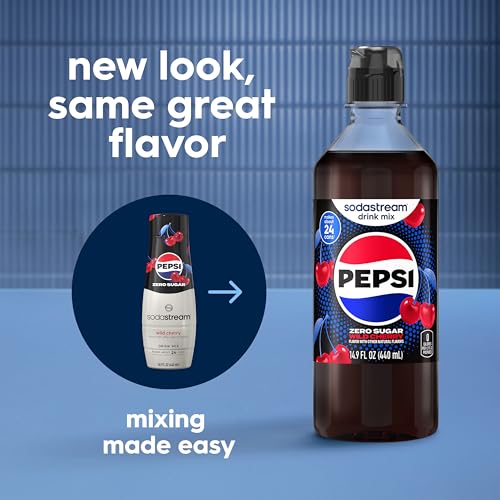 Image of Sodastream MTN Dew Code Red Zero, Mug Root Zero, Pepsi Zero & pepsi Wild Cherry Zero New Pour Bottle, Variety Pack 440ml (Pack of 4)