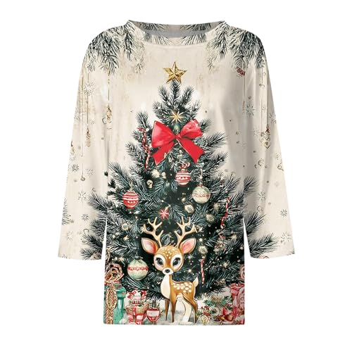 Christmas Shirts for Women Cute Xmas Print 3/4 Sleeve Funny Holiday Tops | Christmas Tree Graphic Tee 3/4 Sleeve Crew Neck Tunic Tops Merry Christmas Ugly Shirt Xmas Party Sweater A-Beige L - image 4