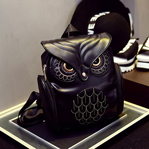 Bestoyard Mochila de couro preta com desenho de coruja, mochila casual para escola e uso diário