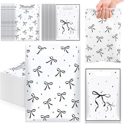 Feifeiya 50 Pcs Black Bow Plastic Gift Bags wit...