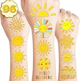 96 PCS Yellow Sun Pre-Cut Birthday Party Decorations Favors Supplies Gold Hippie Sun Smile You Are My Sunshine Decor Temporary Tattoos Stickers for Girls Boys Cute Gifts School Prizes Rewards