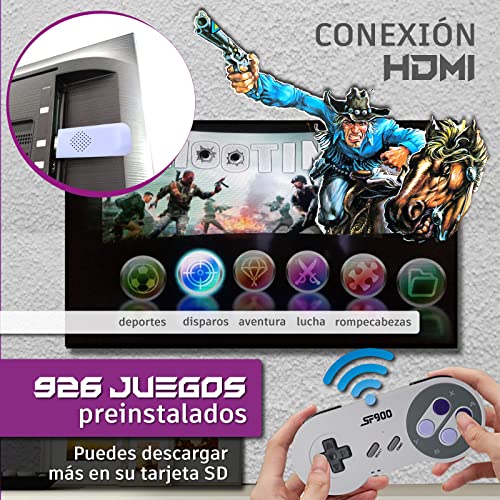 Consola-retro-SF900-Snes-mini-inalambrica-Incluye-conexion-HDMI-926-juegos-preinstalados-Posibilidad-de-anadir-mas-juegos-Formato-43-169-preseleccionable-Funcion-guardado-de-partida