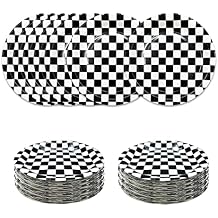 SietDESEO 50 PCS Race Car Plates 9 Inch Black and White Checkered Paper Plates for Racing Theme Party Birthday Baby Shower Decoration Disposable Race Car Party Plates
