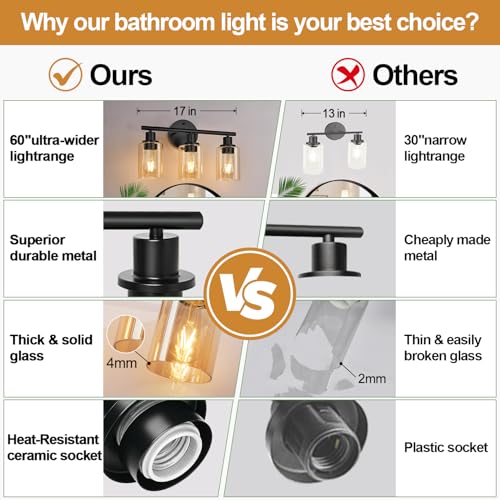 Image of Zarbitta 3-Light Bathroom Light Fixtures, Black Modern Vanity Lights with Amber Glass Shades, Bathroom Wall Lamp for Mirror Kitchen Living Room Hallway Cabinet Porch