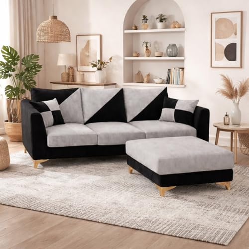 Image of Juliet 4 Seater L Shape Sofa Set with Movable Ottomans | Flexible Layout | Rich Velvet Suede Fabric | Silver Legs | Dual Tone Modern Sofa for Living Room (Black-Light Grey)
