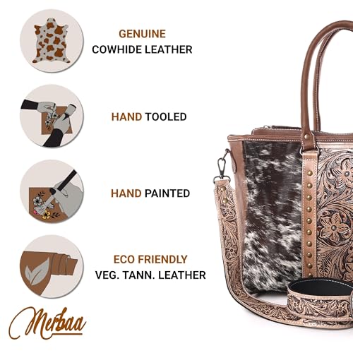 Image of Merbaa Western Cowhide Hairon Leather Tote Bag for Women With Adjustable Tooled Shoulder Strap Leather Purse