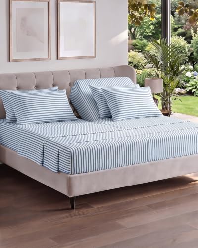 Image of Flex Top Split Head King 6 Piece Piece Sheet Set - Comfy Breathable & Cooling - Soft Hotel Luxury Bedding Set with 8-16 Inch Deep Pockets - 1 Flat & 1 Fitted Sheet & Pillowcases - Blue Stripes 2