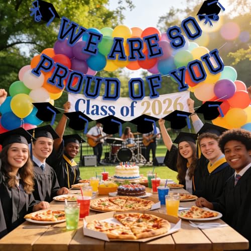 Image of We Are So Proud Of You Banner Graduation Party Decorations Congrats Grad Cap Garlands Wall Sign Blue Black
