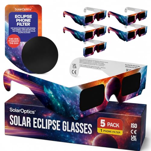 Solar Eclipse Glasses 5 Pack with 1 Phone Filter ISO 12312-2 & CE Certified Sun Viewing Glasses + Smartphone Filter Eclipse 2026 Kit