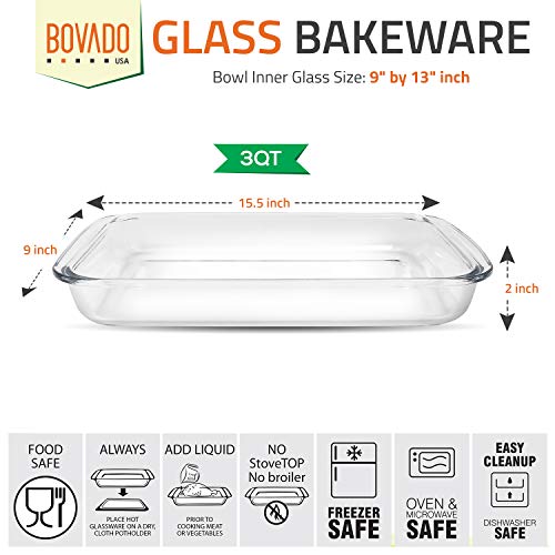 Bovado Usa 9" X 13" Inch Glass Oven Baking Dish | High-Grade Borosilicate Glass | 3 Qt Capacity | Nonstick, Dishwasher Safe, Freezer-To-Oven Casserole Pan | No Lid #TOP4