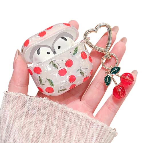 Image of MINSCOSE for AirPods 4 Clear Case,Cute Glitter Cherry Leaves Pattern Aesthetic Design with Cherry HeartShaped Keychain,Soft TPU Protective Shockproof Case for Women Girls for Airpods 4-Red