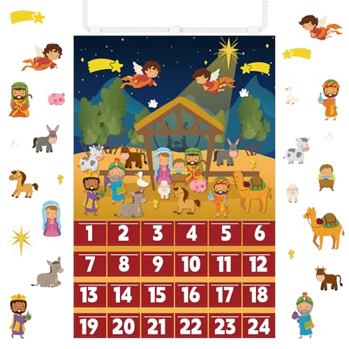 Nativity Advent Calendar, 2026 Christmas Felt Nativity Scene Wall Hanging Advent Calendar with 24 Ornaments Pockets, Reusable Countdown to Christmas Christian Home Craft Decoration for Kids Adults