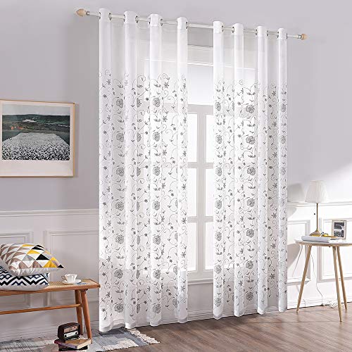 MIULEE Cortinas Visillo Moderno Bordadas Transparentes para Salon Dormitorio Cortinas Translucidas con Ojales para Ventana Comedor Cocina Habitacion de niña y Juvenil 2 Unidades 140x225cm Flor Gris
