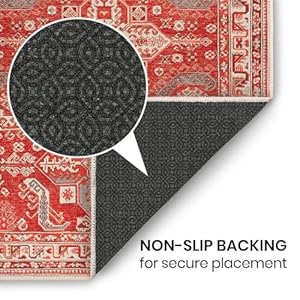 GLN Rugs Vintage Collection - Machine Washable Area Rug, Vintage Washable Rug, Non Slip Area Rug, Low Pile Living Room Rug, Bedroom Rug, Bathroom Rug - Easy Clean (5'3" Round Red and Beige Rug) GLN Rugs Vintage Collection Machine Washable Area Rug Vintage Washable Rug Non Slip Area Rug Low Pile Living Room Rug Bedroom Rug Bathroom Rug Easy Clean 53 Round Red and Beige Rug