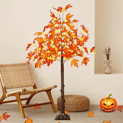 4FT Artificial Lighted Maple Tree, Fall Decorations for Home with Timer, 50 LED Prelit Fall Decor Maple Tree with Warm White Light for Indoor Outdoor Harvest Halloween Thanksgiving Day, Orange