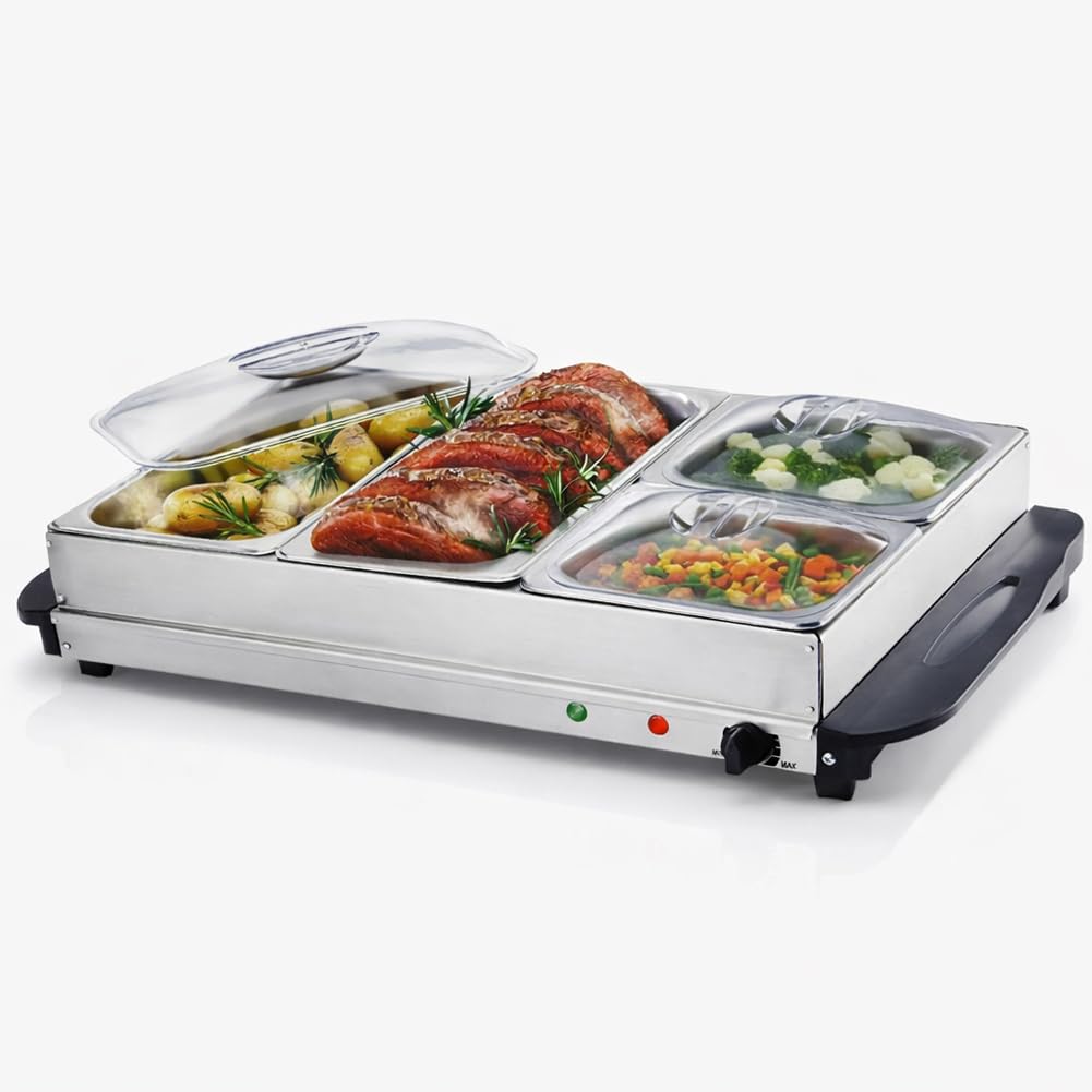 BAKAJI Scaldavivande Elettrico in Acciaio Inox con 4 Cestelli, Scalda Cibo Alimenti Hotel, Casa, Ristorante, Buffet, Temperatura Regolabile 45°-75°, Facile da Pulire, Sistema Riscaldamento Bagnomaria
