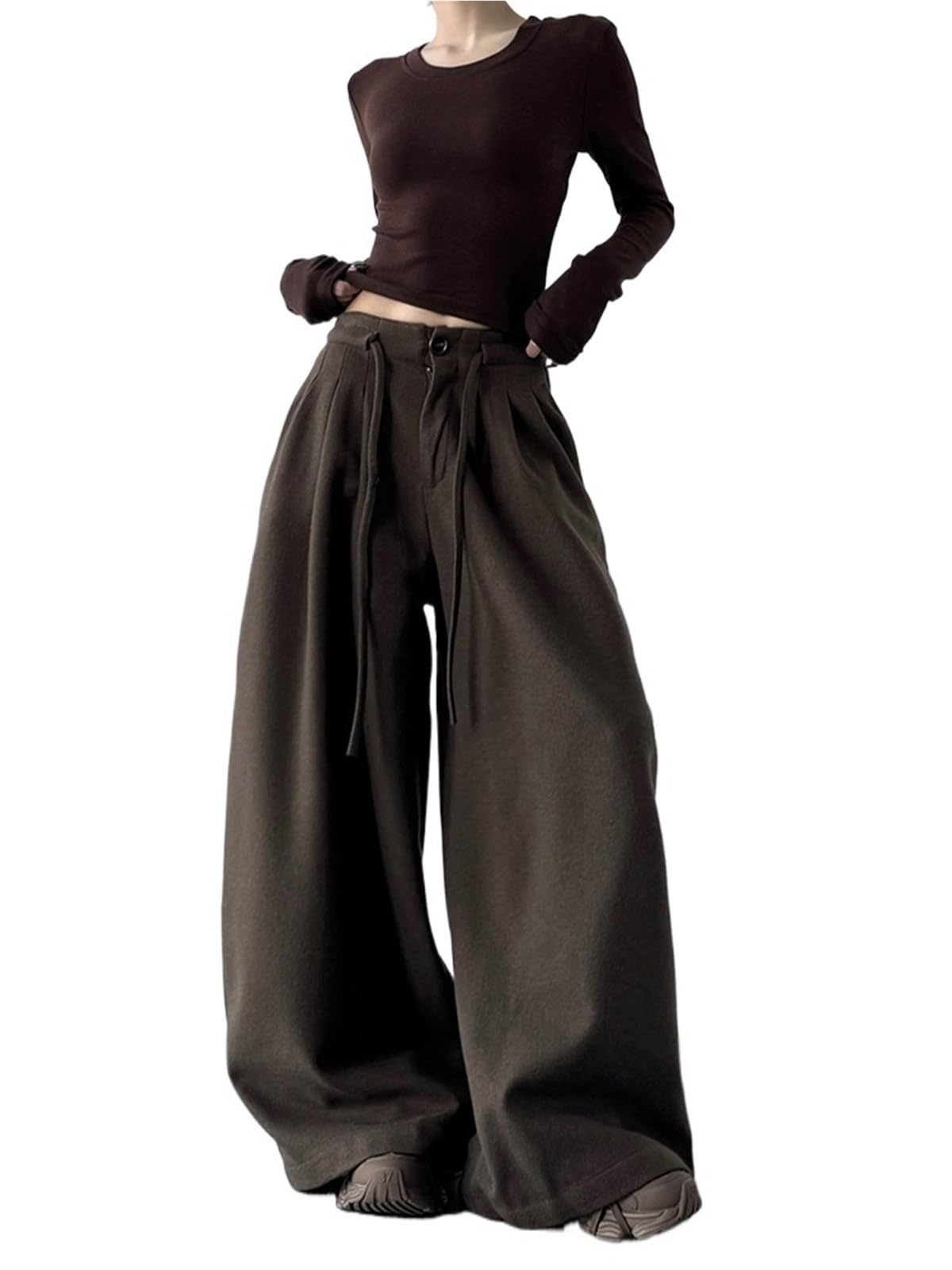 Autumn and Winter Retro High Waisted Wide Leg Womens Pants Thick Brown Casual Slim Fit Multi-Functional Loose Straight