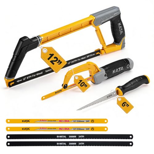 KATA Heavy Duty Hacksaw Frame Set, 12 Inch Hacksaw, 10 Inch Mini Hacksaw & 6 Inch Drywall Jab Saw, 4pc Extra Bi-Metal HSS Blades, 45°/90° Adjustable, Cutting Metal, Wood, PVC
