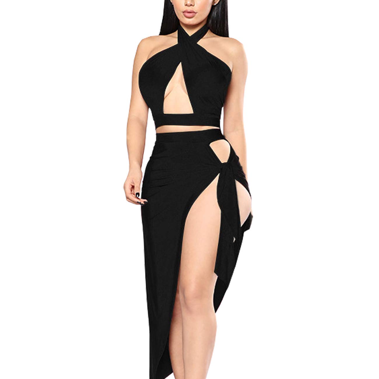 Yyicool Womens Sexy 2 Piece Sleeveless Halter Bandage Crop Top Bodycon Clubwear Party Long Dress (Black, L)