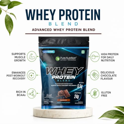 Image of Pure Nutrition Whey Protein Blend (Isolate + Concentrate) 500g, 30 Servings, 24g Protein, 5.5g BCAA per Serving | Supplement Powder for Men & Women for Muscle Recovery & Growth, Chocolate Flavour