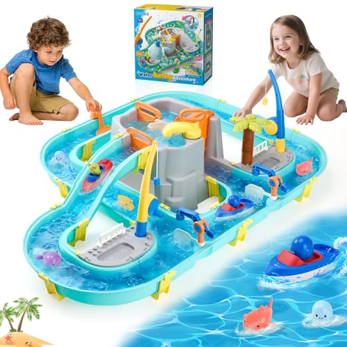 LTFIOON Jeu d'eau et Circuit d'eau, 80 Pièces Table à Eau Extérieur Enfant - avec 2 Bateaux, Pêche Magnétique & Figurines pour Jeux d'eau dès 3 Ans,...