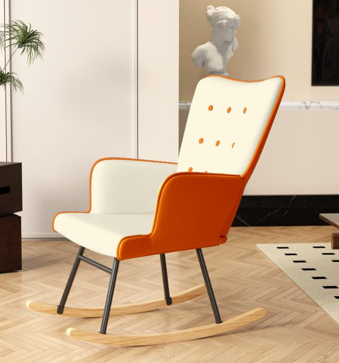 Glider Rocking Chair Nursery Comfy Accent Chair with High Back Faux Leather Living Room Chairs Color Button Tufted Armchair Reading Chair for Bedroom Nursery Office, Cream+Orange Yellow